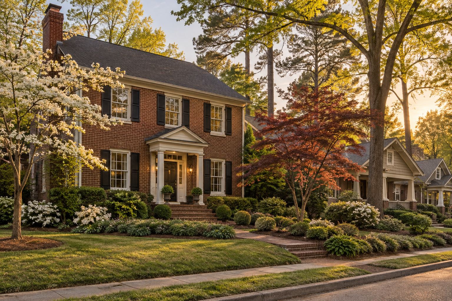 A brick colonial home with landscaped front yard in metro Atlanta