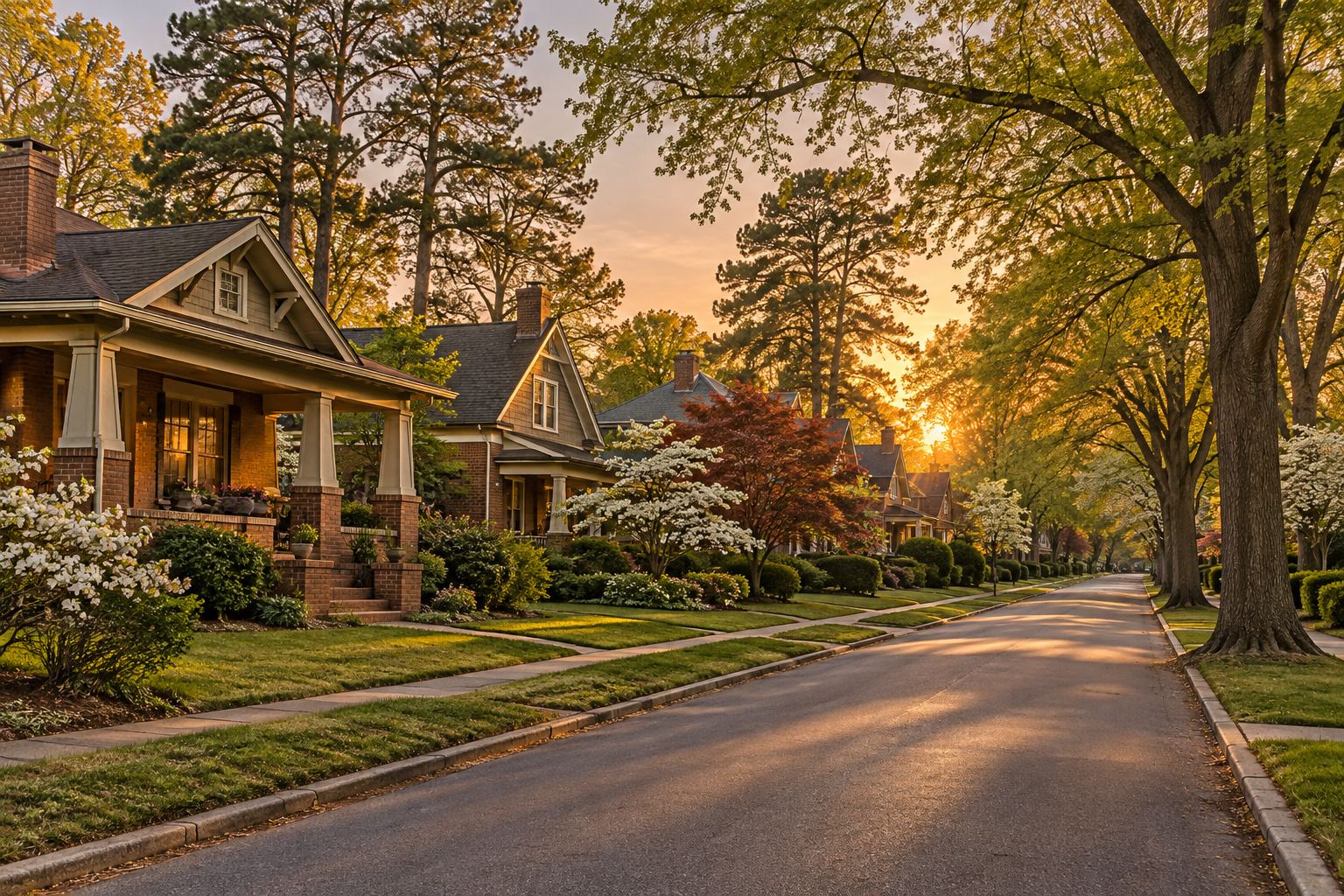 A residential street at sunset in metro Atlanta