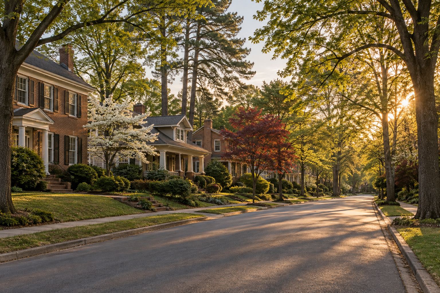 A tree lined street at golden hour in metro Atlanta
